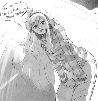 Rule 34 | 1girl, 4chan, bow hairband, breasts, commentary, drawstring, eltonel, english commentary, english text, feet out of frame, freckles, from below, greyscale, hairband, hands on own thighs, highres, hood, hoodie, insult, insulting viewer, leaning forward, long hair, long sleeves, looking at viewer, looking down, medium breasts, monochrome, open mouth, pants, scott pilgrim (comics), scott pilgrim (series), sidelocks, solo, speech bubble, striped clothes, striped hoodie, very long hair, vivian james