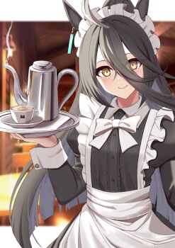 1girl ahoge alternate_costume animal_ears apron black_dress black_hair bow bowtie coffee_pot commentary cup dress enmaided hair_between_eyes highres holding holding_tray horse_ears horse_girl long_bangs long_hair looking_at_viewer maid maid_headdress manhattan_cafe_(umamusume) nanao_(naoekaki25) puffy_sleeves saucer smile solo tray umamusume upper_body white_apron white_bow white_bowtie white_hair yellow_eyes