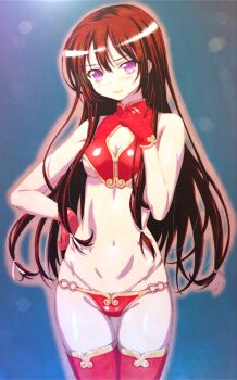 1girl bikini bikini_bottom_only black_hair boku_wa_tomodachi_ga_sukunai breasts cleavage cleavage_cutout clothing_cutout cowboy_shot crop_top gloves groin hand_on_own_hip highres lips long_hair medium_breasts mikazuki_yozora navel official_art pink_eyes red_bikini red_gloves red_hair red_thighhighs revealing_clothes stomach swimsuit thighhighs thighs underboob watanabe_yoshihiro wide_hips