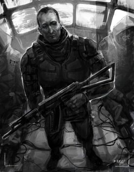 3boys absurdres aks-74u assault_rifle boots bulletproof_vest closed_mouth commentary crurry_(trenos_x) frown gas_mask gloves greyscale gun highres holding holding_gun holding_weapon hood hood_down hood_up jacket kalashnikov_rifle male_focus strelok_(stalker) mask monochrome multiple_boys pants recording rifle screen sitting stalker_(game) stalker_2:_heart_of_chornobyl standing symbol-only_commentary weapon