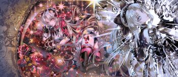 2girls black_boots black_bow black_gloves black_hairband black_jacket black_panties blue_eyes boots bow breasts candlestand carlotta_(wuthering_waves) commentary dark_persona dress dual_persona earrings flower gloves grey_hair hair_bow hairband head_rest high_heel_boots high_heels highres jacket jewelry long_hair looking_at_viewer making-of_available medium_breasts multiple_girls panties parted_bangs parted_lips pink_bow pink_flower pink_hairband pink_jacket pink_petals pink_rose pink_thighhighs rose smile thigh_boots thighhighs thighhighs_under_boots thighs underwear very_long_hair white_dress wu_yu_wuyu wuthering_waves