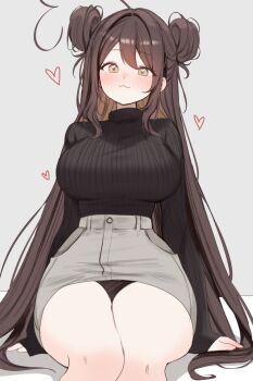 :3 ahoge black_sweater blush breasts brown_eyes brown_hair commentary english_commentary grey_skirt hair_bun heart heart-shaped_pupils heart_ahoge highres huge_ahoge indie_virtual_youtuber large_breasts long_hair simple_background sitting skirt sky_above_me sky_above_me_(vtuber) sweater symbol-shaped_pupils virtual_youtuber
