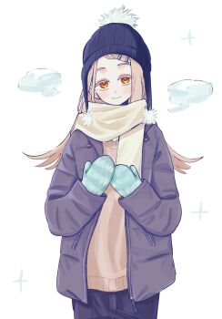1girl beanie black_hat blonde_hair blush brown_coat brown_sweater closed_mouth coat colored_eyelashes commentary_request cowboy_shot earrings flipped_hair gakuen_idolmaster green_mittens hair_ornament hairclip hands_up hat highres idolmaster jewelry long_hair looking_at_viewer mittens orange_eyes parallel_hairclips pom_pom_(clothes) pom_pom_beanie scarf shinosawa_hiro smile solo standing stud_earrings sweater swept_bangs unzipped white_background winter_clothes yasuzero yellow_scarf zipper zipper_pull_tab