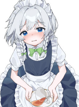 1girl aged_down apron blue_dress blue_eyes bow bowtie braid collared_shirt commentary_request crying crying_with_eyes_open cup dress green_bow green_bowtie grey_hair hair_bow highres holding holding_saucer izayoi_sakuya long_hair looking_at_viewer maid maid_headdress pinafore_dress puffy_short_sleeves puffy_sleeves saucer shirt short_sleeves simple_background sleeveless sleeveless_dress solo spilling tea teacup tears touhou twin_braids waist_apron white_apron white_background white_shirt yadorii
