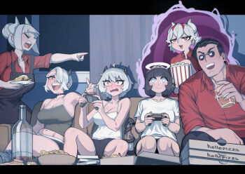 1boy 5girls angel apron azazel_(helltaker) beelzebub_(helltaker) black_apron black_hair blue_eyes blush bottle breasts controller couch cup ear_piercing face_piercing food game_controller halo helltaker helltaker_(character) highres holding holding_controller holding_cup holding_game_controller holding_plate jdw laughing lucifer_(helltaker) malina_(helltaker) mouth_piercing multiple_girls nose_piercing on_couch open_mouth pancake piercing plate popcorn portal_(object) red_eyes red_shirt sharp_teeth shirt short_hair sitting smug sunglasses teeth white_hair white_shirt zdrada_(helltaker)