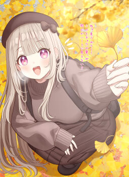 1girl absurdres autumn_leaves backpack bag beret blonde_hair blush bow breasts brown_bow brown_skirt brown_sweater commentary_request hair_bow hat highres holding holding_leaf large_breasts leaf long_hair long_sleeves looking_at_viewer mizukoshi_(marumi) open_mouth original outdoors pink_eyes shoes skirt smile solo squatting sweater translation_request