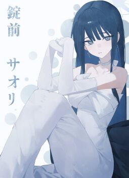 1girl bare_shoulders blue_archive blue_eyes blue_hair blue_halo choker commentary_request dress earrings elbow_gloves elbows_on_knees from_side gloves halo highres jewelry knees_up long_hair looking_at_viewer official_alternate_costume saori_(blue_archive) saori_(dress)_(blue_archive) sitting sla2h_help solo strapless strapless_dress white_choker white_dress white_gloves