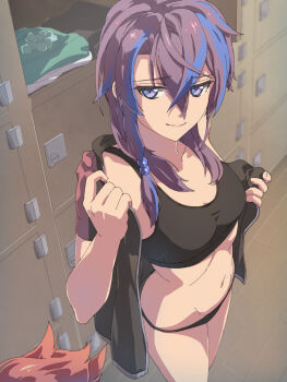 1girl black_panties black_sports_bra blue_hair chiharu_(9654784) closed_mouth crossed_bangs double-parted_bangs eiyuu_densetsu hair_between_eyes highres indoors jorda_eldarion kai_no_kiseki kuro_no_kiseki_(series) locker long_hair looking_at_viewer midriff multicolored_hair navel panties purple_eyes purple_hair short_sleeves single_sidelock smile solo sports_bra sports_panties stomach streaked_hair two-tone_hair underwear undressing
