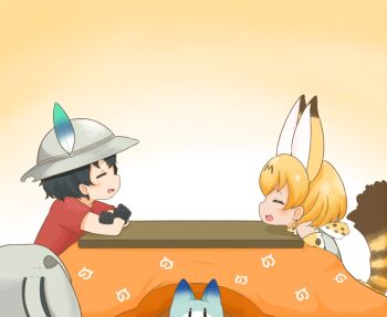 2girls animal_ears bare_shoulders black_gloves black_hair blonde_hair bow bowtie cat_ears cat_girl cat_tail closed_eyes commentary_request elbow_gloves gloves hair_between_eyes hat_feather helmet kaban_(kemono_friends) kanimiso_na_double kemono_friends kotatsu lucky_beast_(kemono_friends) multiple_girls pith_helmet print_bow print_bowtie print_gloves red_shirt serval_(kemono_friends) shirt short_hair short_sleeves sidelocks sitting sleeveless t-shirt table tail white_shirt