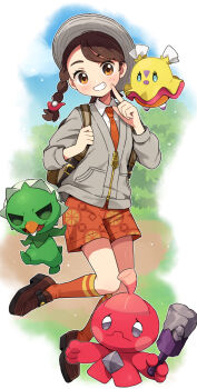 1girl backpack bag blush braid brown_bag brown_eyes brown_hair brown_shoes capsakid closed_mouth collared_shirt eyelashes flittle grey_hat grey_jacket hat highres holding holding_strap index_finger_raised jacket juliana_(pokemon) long_sleeves naranja_academy_school_uniform necktie nintendo orange_necktie orange_shorts orange_socks pokemon pokemon_(creature) pokemon_sv rii_(pixiv11152329) school_uniform shirt shoes shorts side_braid single_braid smile socks teeth tinkatink tooth white_shirt zipper