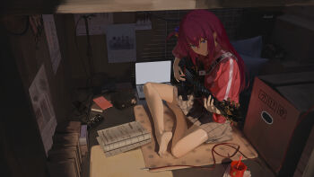 1girl absurdres barefoot blue_eyes bocchi_the_rock! chinese_commentary closed_mouth commentary_request computer crossed_bangs cube_hair_ornament cup feet full_body gotoh_hitori grey_skirt guitar hair_between_eyes hair_ornament highres holding holding_plectrum indian_style indoors instrument jacket laptop long_hair long_sleeves looking_down miniskirt mug music one_side_up photo_(object) pink_hair pink_jacket plaid_clothes plaid_skirt playing_guitar playing_instrument plectrum sercet sidelocks sitting skirt smile soles solo split_mouth straight_hair toes track_jacket very_long_hair