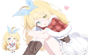 Rule 34 | 1girl, :d, blonde hair, blue eyes, blue hairband, boots, bow hairband, brown boots, capelet, chibi, commentary request, feet out of frame, frilled boots, frills, fur-trimmed capelet, fur trim, hairband, heterochromia, highres, knee boots, knees up, lace-up boots, long hair, looking at viewer, multiple views, open mouth, original, plaid capelet, plaid clothes, pleated skirt, red capelet, simple background, sitting, skirt, smile, urotsuki (ku9625), v, white background, white skirt, yellow eyes