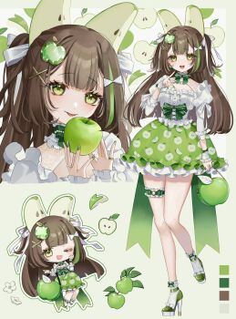 Rule 34 | 1girl, :p, ankle socks, apple, apple bag, apple earrings, apple hair ornament, apple print, apple slice, bag, black hair, bow, breasts, buttons, center-flap bangs, chain, chibi, cleavage cutout, closed mouth, clothing cutout, commentary, corset, earrings, english commentary, food, food-themed bag, food-themed earrings, food-themed hair ornament, food print, food themed earrings, frilled shirt, frilled skirt, frilled socks, frilled thigh strap, frilled wristband, frills, fruit, fruit print, full body, green apple, green bow, green nails, green shoes, green skirt, green streaks, hair bow, hair ornament, hand on own cheek, hand on own face, hand up, handbag, hands up, high heels, highres, holding, holding bag, holding food, holding fruit, jewelry, juliet sleeves, layered skirt, leaf, long hair, long sleeves, looking at viewer, medium breasts, miniskirt, multicolored hair, multiple views, nail polish, one eye closed, open mouth, original, personification, platform heels, portrait, print skirt, puffy sleeves, ring, saika usagi, shirt, shoes, skirt, smile, socks, standing, standing on one leg, streaked hair, thigh bow, thigh strap, thighs, tongue, tongue out, two side up, white bow, white corset, white shirt, white socks, wristband