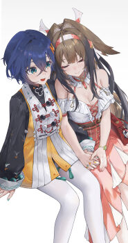 2girls absurdres aqua_eyes aqua_nails bag_charm belle_(delicate_sunlight)_(zenless_zone_zero) belle_(zenless_zone_zero) black_hair blue_hair breasts brown_hair charm_(object) cleavage closed_eyes commentary_request crossed_bangs hair_intakes hair_ornament highres holding_hands invisible_chair large_breasts letter_hair_ornament light_blush multicolored_hair multiple_girls nail_polish official_alternate_costume orange_nails pantyhose pink_nails red_bag simple_background sitting swkl:d two-tone_hair white_background white_pantyhose ye_shunguang ye_shunguang_(touch_of_dawnlight) yellow_nails zenless_zone_zero