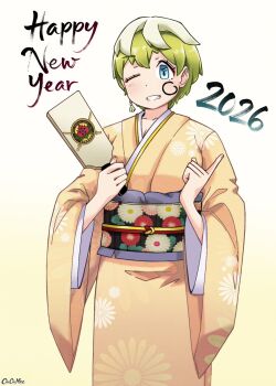 1girl 2026 blue_eyes happy_new_year highres izumo_tenka japanese_clothes mato_seihei_no_slave new_year one_eye_closed short_hair smile solo