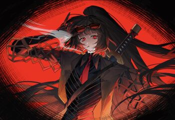 Rule 34 | black gloves, black hair, bochishiraita, claws, coat, contempt awe (e.g.o), e.g.o (project moon), gloves, hair bun, highres, katana, limbus company, necktie, ponytail, project moon, red eyes, red necktie, ryoshu (project moon), smoking, solo, sunglasses, sword, weapon, yellow coat