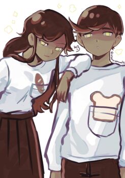 Rule 34 | 1boy, 1girl, 4747moonwalk, :o, arms at sides, baguette, bowen (omori), bread, bread slice, breasts, bright pupils, brother and sister, brown hair, brown pants, brown skirt, closed mouth, commentary request, daphne (omori), dark-skinned female, dark-skinned male, dark skin, elbow on another's shoulder, elbow rest, expressionless, food, hair behind ear, half-closed eyes, leaning forward, long hair, long skirt, long sleeves, looking at viewer, omori, pants, parted lips, pleated skirt, pocket, puffy long sleeves, puffy sleeves, shaded face, shirt, shirt tucked in, short hair, siblings, sidelocks, simple background, skirt, small breasts, smile, sparkle, swept bangs, twins, twitter username, very short hair, white background, white pupils, white shirt, yellow eyes