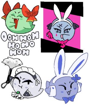 :3 blush boo_(mario) bow bow_(paper_mario) bowtie brooch closed_eyes dizzyspells duster fangs feather_duster ghost hair_ribbon hairband jewelry laughing maid_headdress mario_(series) nintendo no_humans paper_mario paper_mario:_the_thousand-year_door peeka_(mario) rabbit_ears rabbit_hole_(vocaloid) ribbon sweatdrop white_background wrist_cuffs