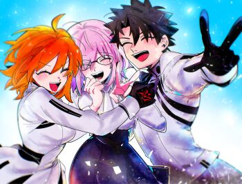 1boy 2girls ahoge black_gloves black_hair black_skirt command_spell dress fate/grand_order fate_(series) fujimaru_ritsuka_(female) fujimaru_ritsuka_(female)_(decisive_battle_chaldea_uniform) fujimaru_ritsuka_(male) fujimaru_ritsuka_(male)_(decisive_battle_chaldea_uniform) glasses gloves hair_over_one_eye highres hug kuriimu0203 mash_kyrielight multiple_girls orange_hair purple_hair skirt v white_dress