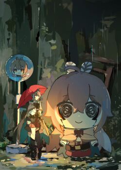 2girls :o a-pose absurdres ahoge asymmetrical_legwear belt black_boots black_gloves black_socks black_thighhighs boots brown_belt brown_cape brown_corset brown_hair bus_stop bus_stop_sign cape chibi closed_mouth corset crossed_bangs dark dripping feather_hair_ornament feathers full_body giant giantess gloves green_cape hair_between_eyes hair_ornament highres holding holding_umbrella hololive hololive_english kneehighs lantern long_hair long_sleeves looking_at_another looking_at_viewer miniskirt miya_(ikanyaide) multiple_girls multiple_persona nanashi_mumei nanashi_mumei_(1st_costume) night outdoors parody parted_lips ponytail portrait_(object) rain red_skirt red_umbrella road_sign scene_reference shirt sign skirt smile smol_mumei socks squiggle_eyes standing thighhighs tonari_no_totoro totoro_bus_stop two-sided_cape two-sided_fabric umbrella uneven_legwear very_long_hair virtual_youtuber white_shirt yellow_eyes