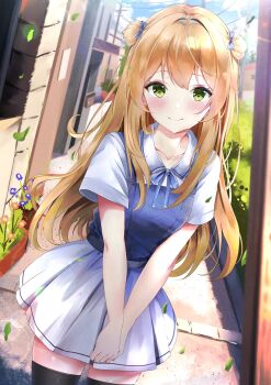 1girl ahoge aizawa_(aizawatsu) alternate_costume blue_bow blush bow brown_hair closed_mouth collarbone day double_bun flower girls&#039;_frontline green_eyes hair_bun highres long_hair looking_at_viewer outdoors rfb_(girls&#039;_frontline) skirt smile solo thighhighs