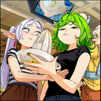 2boys 2girls baby bald black_shirt blurry blurry_background breasts closed_mouth commentary crossover drawstring earrings elf english_commentary frieren frown green_eyes green_hair green_nails grey_hair half-closed_eyes highres indoors jewelry long_hair looking_at_another looking_at_object looking_down medium_breasts medium_hair meme multiple_boys multiple_girls nail_polish one-punch_man pointy_ears saitama_(one-punch_man) shirt short_sleeves showing_baby_to_a_supermarket_camera_(meme) snegovski sousou_no_frieren striped_clothes striped_shirt tatsumaki thick_eyebrows yellow_shirt