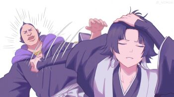 1boy 1girl adjusting_hair afterimage black_hair bleach closed_eyes collarbone haori highres japanese_clothes lips medium_hair meri~nu naoya_hitting_choso_without_looking_(meme) oomaeda_marechiyo shihakusho simple_background sui-feng white_background wide_sleeves