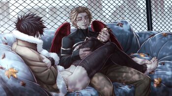 2boys absurdres artist_name black_hair blonde_hair boku_no_hero_academia bottomless burn_scar couch dabi_(boku_no_hero_academia) facial_hair feathered_wings feathers fur_trim goatee_stubble hand_on_another&#039;s_thigh hawks_(boku_no_hero_academia) highres male_focus multiple_boys on_couch red_feathers red_wings saika076 scar scar_on_arm scar_on_face scar_on_leg short_hair sitting spiked_hair stapled stubble thighs wings yaoi