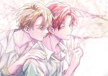 2boys alberu_crossman blonde_hair blue_eyes blurry blurry_background brown_eyes cale_henituse closed_mouth collared_shirt finger_to_mouth hand_on_another&#039;s_shoulder highres index_finger_raised looking_at_another lout_of_count&#039;s_family male_focus multiple_boys osewa6363 red_eyes red_hair shirt short_hair shushing smile upper_body white_shirt yaoi