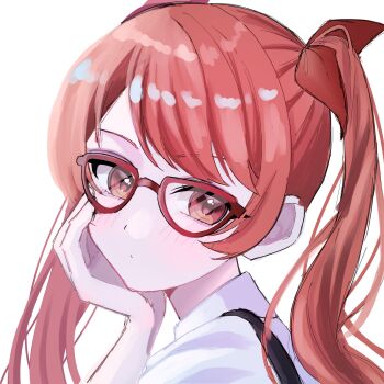 1girl absurdres blush closed_mouth collared_shirt commentary_request frederica_nikola_tesla from_side glasses hair_ribbon hand_up highres honkai_(series) honkai_impact_3rd looking_at_viewer looking_to_the_side mowgenn red-framed_eyewear red_eyes red_hair red_ribbon ribbon shirt simple_background solo twintails upper_body white_background white_shirt