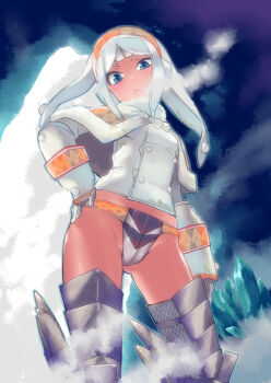1girl armor blue_eyes boots breath capcom curry_(dbt) darker_than_black female_focus from_below hand_on_own_hip ice lagombi_(armor) monster_hunter_(series) monster_hunter_portable_3rd panties solo standing thigh_boots thighhighs tigrex_(armor) underwear uneven_eyes white_hair