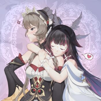 Rule 34 | 2girls, anger vein, bare shoulders, black collar, black hair, black sleeves, blue eyes, blush, bonnet, breasts, brown hair, cleavage, closed eyes, closed mouth, collar, columbina (genshin impact), commentary, detached collar, detached sleeves, dress, english commentary, eye mask, genshin impact, hair bun, hair flaps, hair ornament, hand on own hip, head on another's shoulder, head wings, headdress, heart, highres, hug, hug from behind, liokumaa, long hair, long sleeves, mask, multicolored hair, multiple girls, multiple wings, pout, purple hair, purple streaks, ribbon, sandrone (genshin impact), see-through clothes, see-through mask, short hair with long locks, smile, streaked hair, two-tone hair, white dress, white headdress, white mask, white wings, wing hair ornament, wings, wrist bow, x-shaped eyewear, yuri