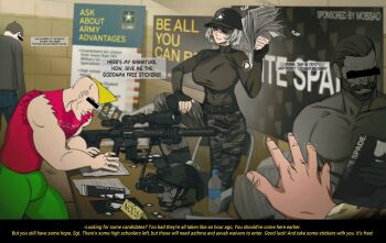 1girl 1other 3boys abs banner bar_censor bare_pectorals baseball_cap beard belt bipod black_boots black_gloves black_shirt blonde_hair boots bottle breasts brown_belt brown_eyes brown_hair brown_hat brown_sweater bulletproof_vest camouflage camouflage_pants camouflage_shirt censored chad_(virgin_vs_chad) chair closed_mouth clothes_writing combat_helmet commentary commission contract day denim ear_protection english_commentary english_text ernest_khalimov facial_hair fast_helmet fingerless_gloves fingernails folding_chair gigachad_(meme) gloves green_pants grey_hair grin gun hand_on_own_leg hand_up hat headset helmet highres holding holding_paper indoors jeans large_breasts large_pectorals laser_sight leg_up lips logo long_shirt magazine_(weapon) manly mannequin maxturbo69 meme mercenary motion_lines multiple_boys muscular muscular_female muscular_male night_vision_device optical_sight original pamphlet pants paper patio_chair pectorals pencil pink_shirt pointy_chin pov pov_hands reading real_life rifle scope shirt short_hair sideburns sight_magnifier sign smile sniper_rifle sound_effects sr-25 standing standing_on_one_leg sticker subtitled suppressor sweater table teeth thick_neck tile_wall tiles topless_male torn_clothes torn_shirt turtleneck turtleneck_sweater united_states_army virgin_(virgin_vs_chad) virgin_vs_chad_(meme) water_bottle weapon writing