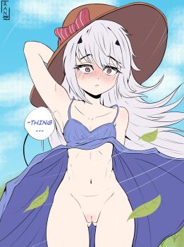 Rule 34 | accidental exposure, blue dress, blush, breasts, cleavage, clothes lift, cloud, dialogue box, dress, dress lift, fate/grand order, fate (series), flat chest, gluteal fold, grass, hat, hat ribbon, highres, legs, long hair, melusine (fate), no panties, pussy, ran sk, ribbon, sky, surprised, white hair