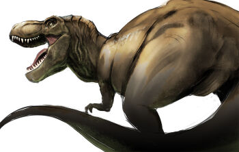 1girl commentary dinosaur jurassic_park nostrils nyoruniru open_mouth rexy_(jurassic_park) roaring sharp_teeth simple_background solo tail teeth tongue tyrannosaurus_rex white_background yellow_eyes