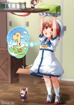 3girls blue_sailor_collar bow box brown_eyes cardboard_box commentary_request depth_charge dress failure_penguin fairy_(kancolle) giraffe hair_rings hat highres imagining izumi_kuma kaiboukan_no._4_(kancolle) kantai_collection kirin_kai-ii long_hair low_twintails miss_cloud multiple_girls sailor_collar sailor_dress sailor_hat tiptoes twintails white_dress white_hat yellow_bow