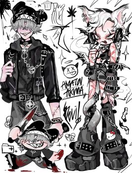 2boys :3 :3p amatou_akuma animal_ears animal_hat arm_up arm_warmers artist_name bag bare_shoulders belt belt_buckle black_arm_warmers black_belt black_choker black_hat black_hoodie black_jacket black_leg_warmers black_nails black_pants black_shirt black_shoes blood blood_on_clothes blood_on_face blood_on_hands blood_splatter bloody_weapon boots bracelet buckle cat_boy cat_ears cat_tail chain character_pin chibi chibi_inset choker cigarette collar colored_shoe_soles covered_eyes crop_top cross cross_choker cursor drawstring ear_piercing earrings english_text facing_viewer fake_animal_ears fang fangs finger_to_cheek folder full_body grey_eyes grey_hair grey_shorts grin hair_over_eyes hand_up hat head_wings headphones heart hello_kitty hello_kitty_(character) highres holding holding_cigarette holding_knife holding_strap holding_weapon hood hood_down hoodie hoodie_under_jacket jacket jewelry knife leg_warmers long_sleeves looking_ahead looking_at_viewer male_focus mole mole_under_eye mouse_ears mouse_hat multiple_boys multiple_views nail_polish open_mouth original pants piercing platform_boots sanrio scar scar_on_arm scar_on_hand scar_on_hands scar_on_leg scar_on_thigh scar_on_thighs scars_all_over sharp_teeth shirt shoes short_hair shorts simple_background skull sleeveless smile smirk smoke smoking sparkle spiked_bracelet spiked_collar spikes standing stitches suspenders tail tail_around_own_leg tail_ornament tattoo teeth tongue too_many torn_clothes torn_shirt torn_shorts trash_can upper_teeth_only weapon white_background white_hair wings x_x
