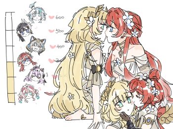 6+girls aglaea_(honkai:_star_rail) animal_ears bare_shoulders black_hair blonde_hair blue_eyes blue_hair castorice_(honkai:_star_rail) cat_ears cerydra_(honkai:_star_rail) cipher_(honkai:_star_rail) closed_eyes drill_hair elbow_gloves fang flower gelinzzz gloves grey_hair hair_flower hair_ornament heart highres honkai:_star_rail honkai_(series) hyacine_(honkai:_star_rail) hysilens_(honkai:_star_rail) imminent_kiss kiss kiss_meter_(meme) kissing_cheek laurel_crown long_hair meme multiple_girls open_mouth pointy_ears purple_eyes purple_hair simple_background smile tribios_(honkai:_star_rail) twin_drills white_background white_flower yuri