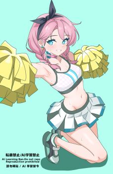 Rule 34 | 1girl, :d, absurdres, aqua background, arknights, armpits, bare shoulders, black hairband, black skirt, black sports bra, blue eyes, blue poison (arknights), blue skirt, blush, braid, breasts, bright pupils, cheerleader, collarbone, commentary, crop top, earrings, eggplant7217, full body, grin, groin, hair over shoulder, hairband, highres, holding, holding pom poms, jewelry, kneeling, looking at viewer, medium hair, midriff, miniskirt, navel, open mouth, pink hair, pink sports bra, pleated skirt, pom pom (cheerleading), pom poms, shoes, simple background, skirt, sleeveless, small breasts, smile, solo, sports bra, sweat, watermark, white pupils, white skirt, white sports bra
