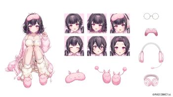1girl absurdres bloomers bow breasts dress glasses headphones highres himemiya_rie himemiya_rie_(day_and_night) komeshiro_kasu leg_warmers long_sleeves multicolored_hair multiple_expressions open_mouth pajamas phase_connect pillow pink_eyes reference_sheet sandals short_hair sleep_mask slippers streaked_hair twintails underwear virtual_youtuber white_background yurancoco