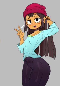 1girl beanie black_eyes black_hair black_leggings blue_sweater blush breasts choker collarbone earrings green_shirt grey_background hat jewelry leggings lily_pak loli long_hair long_sleeves looking_at_viewer nickelodeon off-shoulder_sweater off_shoulder open_mouth playing_with_own_hair raised_eyebrow red_hat rukisan(pixiv) shirt shirt_under_sweater small_breasts smile standing sweater teeth v wide_hips wylde_pak