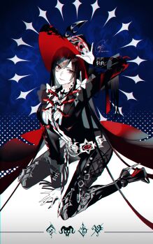 1girl absurdres adjusting_clothes adjusting_headwear arm_up belt black_background black_bodysuit black_hair black_hat black_jacket black_pants bodysuit breasts commentary_request curtained_hair gloves grey_eyes hand_on_headwear hat high_heels highres jacket joints large_breasts large_hat lilith:_daemonissa_(roulette_of_stolen_time)_(pgr) lilith_(pgr) long_hair looking_at_viewer mark_under_eye multicolored_hair official_alternate_costume pants punishing:_gray_raven red-eye_effect red_eyes red_hair red_lips robot_joints seiza shirt signature sitting smile solo two-tone_hair two-tone_hat very_long_hair white_gloves white_shirt witch wizard_club