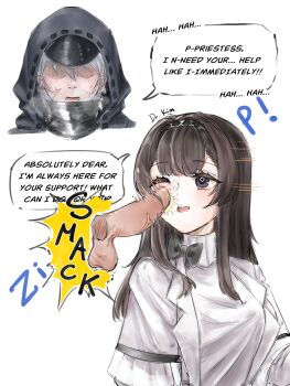 1boy 1girl absurdres arknights black_bow black_eyes bow brown_hair commentary diamond-shaped_pupils diamond_(shape) doctor_(arknights) dr.kim english_commentary english_text heavy_breathing hetero highres male_doctor_(arknights) medium_hair motion_lines one_eye_closed open_mouth penis penis_on_face priestess_(arknights) simple_background slapping_with_penis smile sound_effects speech_bubble symbol-shaped_pupils turning_head veins white_background