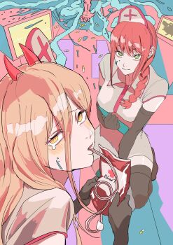 2girls black_gloves black_thighhighs blonde_hair blood blood_bag blood_on_face blood_on_ground blush braid braided_ponytail breasts chainsaw chainsaw_man collared_shirt cross-shaped_pupils death disembodied_hand drinking_blood drinking_straw elbow_gloves fang gloves hair_between_eyes hat highres horns hospital intestines long_hair looking_at_viewer makima_(chainsaw_man) medium_breasts medium_hair multiple_girls nurse nurse_cap pill pochita_(chainsaw_man) power_(chainsaw_man) red_hair red_horns ringed_eyes shirt sidelocks smile squatting stylized_blood symbol-shaped_pupils takopi15 tearing_up television thighhighs waveform white_shirt yellow_eyes