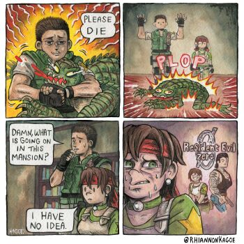 1girl 2boys absurdres artist_name bandana billy_coen black_gloves brown_hair chris_redfield claws colored_skin commentary earrings english_commentary fingerless_gloves gloves green_eyes green_skin headlock highres hunter_(resident_evil) jewelry multiple_boys rebecca_chambers red_bandana resident_evil resident_evil_0 resident_evil_1 rhiannon_kagoe speech_bubble sweat