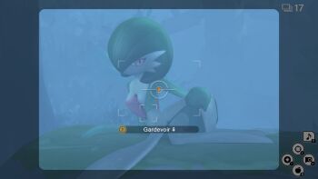 ! 1girl adjusting_dress arched_back bob_cut breasts camera_phone character_name clothes_lift colored_skin dress dress_lift facing_to_the_side fake_screenshot flashing fog gardevoir gen_3_pokemon greatm8 green_hair hand_on_ground highres looking_to_the_side lying multicolored_skin musical_note new_pokemon_snap nintendo on_rock on_side outdoors pokemon pokemon_(creature) pokemon_focus small_breasts two-tone_skin user_interface venus_symbol viewfinder white_dress