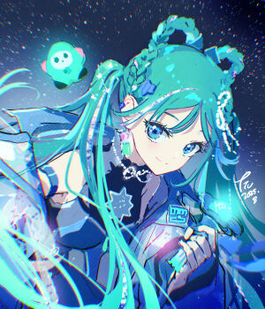 1girl aqua_hair blue_eyes blue_jacket braid braided_hair_rings closed_mouth commentary_request earrings hair_between_eyes hair_ornament hair_rings hatsune_miku heart heart_earrings highres holding holding_microphone jacket jewelry long_hair long_sleeves magical_mirai_(vocaloid) magical_mirai_miku magical_mirai_miku_(2025) microphone official_alternate_costume official_alternate_hairstyle open_clothes open_jacket shirt sky sleeveless sleeveless_shirt smile solo star_(sky) star_(symbol) star_hair_ornament starry_sky tiv twintails very_long_hair vocaloid