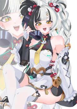 1girl absurdres ashimi_fugo bare_shoulders black_hair braid breasts commentary_request detached_sleeves dialyn_(zenless_zone_zero) highres looking_at_viewer medium_breasts multicolored_hair nail_polish necktie open_mouth phone smile solo split-color_hair thighhighs twin_braids upper_body white_hair white_thighhighs yellow_eyes yellow_necktie zenless_zone_zero