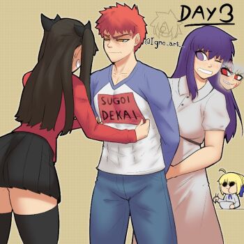 Rule 34 | 1boy, 3girls, ahoge, arms behind back, artist name, artoria pendragon (fate), black ribbon, black skirt, black thighhighs, blonde hair, blue pants, blue ribbon, blue sleeves, blush, body markings, bowl, brown background, brown hair, chopsticks, collared dress, commentary, covered pectorals, cowboy shot, dark persona, dark sakura, deformed, denim, dress, eating, embarrassed, emiya shirou, english commentary, evil smile, fate/hollow ataraxia, fate/stay night, fate (series), female pervert, from behind, hair between eyes, hair ribbon, holding back, igno art, inner ego, jeans, long hair, long sleeves, male focus, matou sakura, miniskirt, multiple girls, muscular, muscular male, narrowed eyes, no pupils, one eye closed, orange hair, outer glow, pants, pectorals, pervert, pleated skirt, polka dot, polka dot background, purple eyes, purple hair, raglan sleeves, red eyes, red sweater, restrained, ribbon, saber (fate), shirt, skirt, smile, sugoi dekai, sweater, teasing, thighhighs, tohsaka rin, twitter username, two side up, white dress, white hair, white shirt, yellow eyes, zettai ryouiki