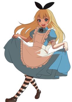 Rule 34 | 1girl, alice's adventures in wonderland, alice (alice in wonderland), amanegi toro, blonde hair, blue eyes, bow, curtsey, dress, full body, highres, long hair, looking at viewer, neck ribbon, open mouth, pantyhose, ribbon, smile, solo